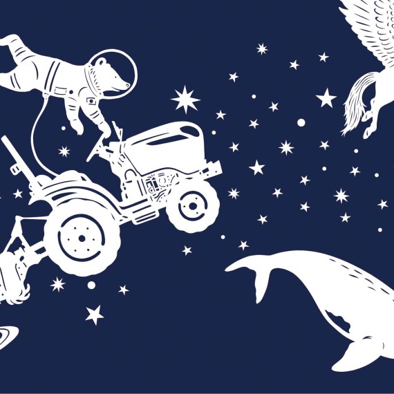 早川鉄兵の切り絵　動物　トラクターに乗ったクマ　宇宙